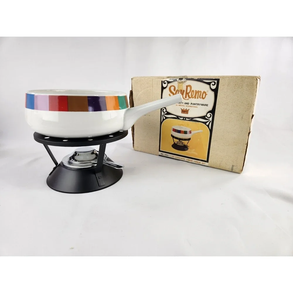 MCM Vintage Imperial San Remo Rainbow Enamel Party Cheese‎ Fondue 1.5 Qt Set Box